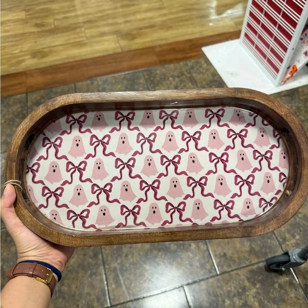 Made in India Wooden HALLOWEEN PINK GHOST & BOWS TRAYS